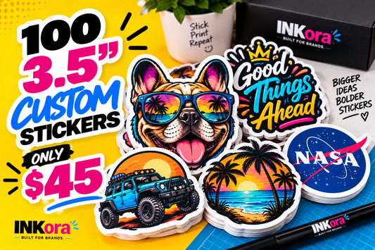 100 custom 3.5-inch die-cut stickers - assorted designs including a cat with sunglasses, dog, space and sunset graphics