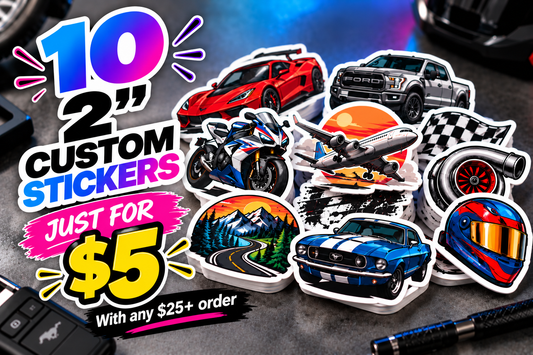 10 custom 2-inch die-cut stickers for $5 with any $25 order - cars, camera and colorful assorted sticker designs