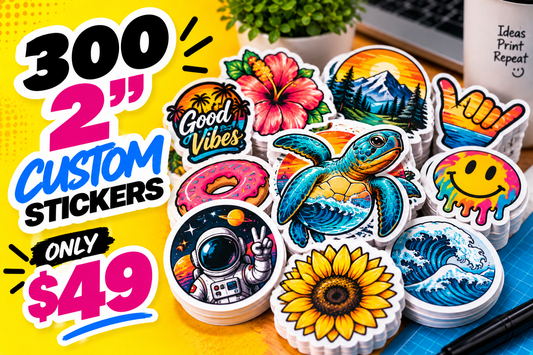 300 custom 2-inch die-cut stickers - wave, sunflower, mountain and assorted colorful designs