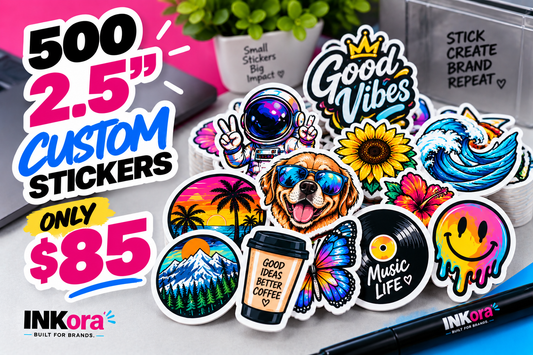 500 custom 2.5-inch die-cut stickers - astronaut, mountain sunset, Good Vibes and coffee cup designs