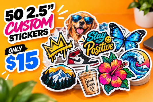50 custom 2.5-inch die-cut stickers - dog, butterfly, coffee cup and mountain sunset designs