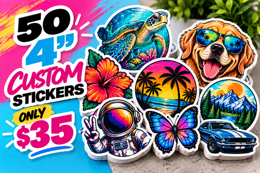 50 custom 4-inch die-cut stickers - dog, sunset, butterfly and mountain designs