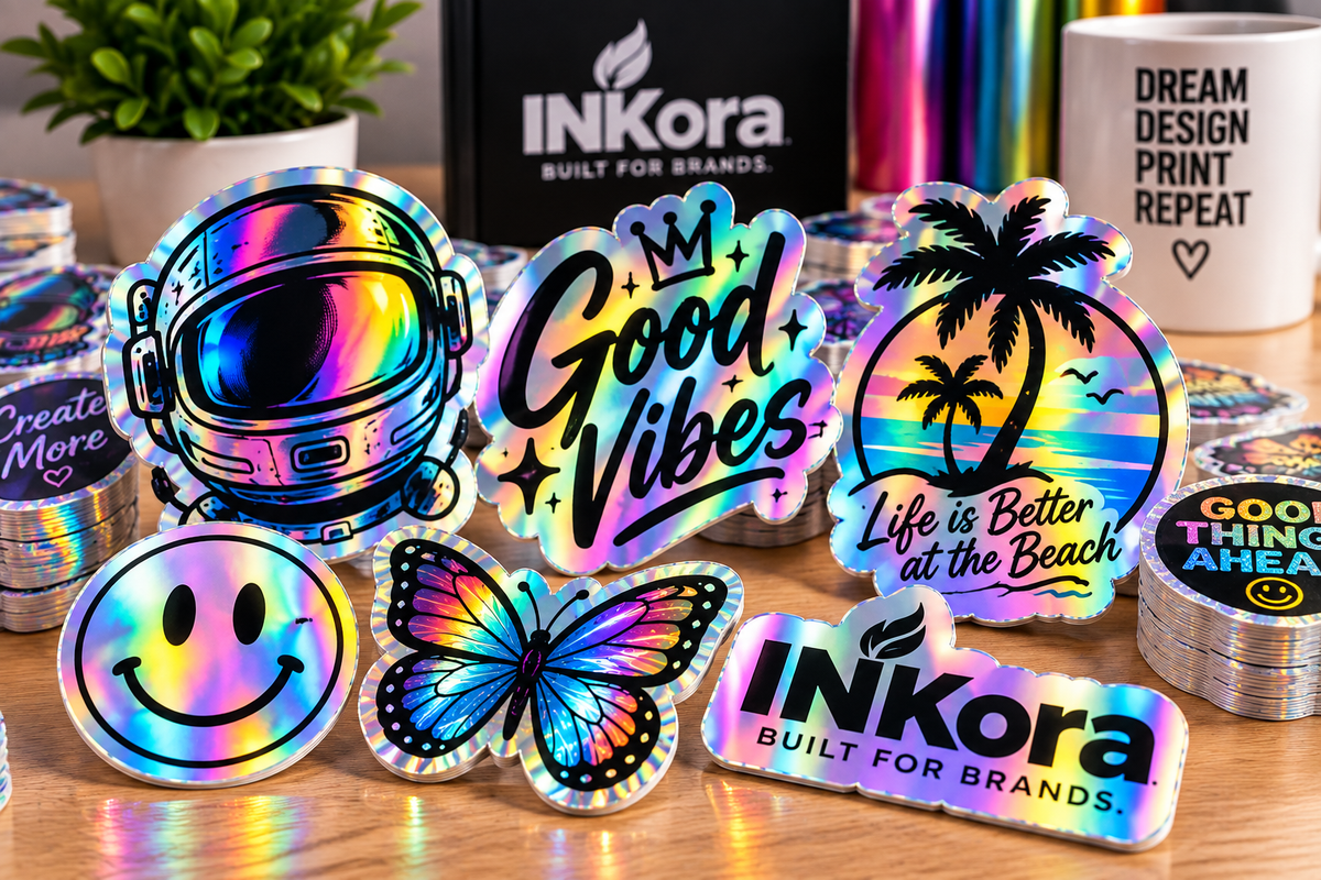 Holographic vinyl stickers with rainbow shine - astronaut helmet, Good Vibes, palm tree, smiley face, butterfly and INKora designs on a desk