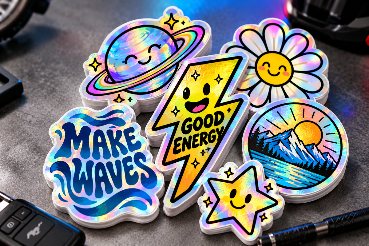 Holographic die-cut stickers with rainbow shine - ringed planet, lightning bolt, daisy, Make Waves lettering, star and sunset mountain designs