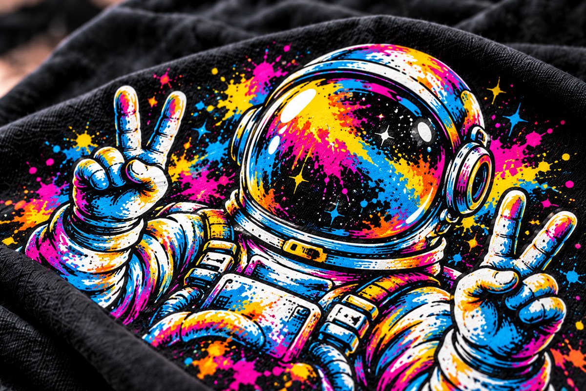 An astronaut making peace signs, printed in vivid full-color DTF on a black t-shirt