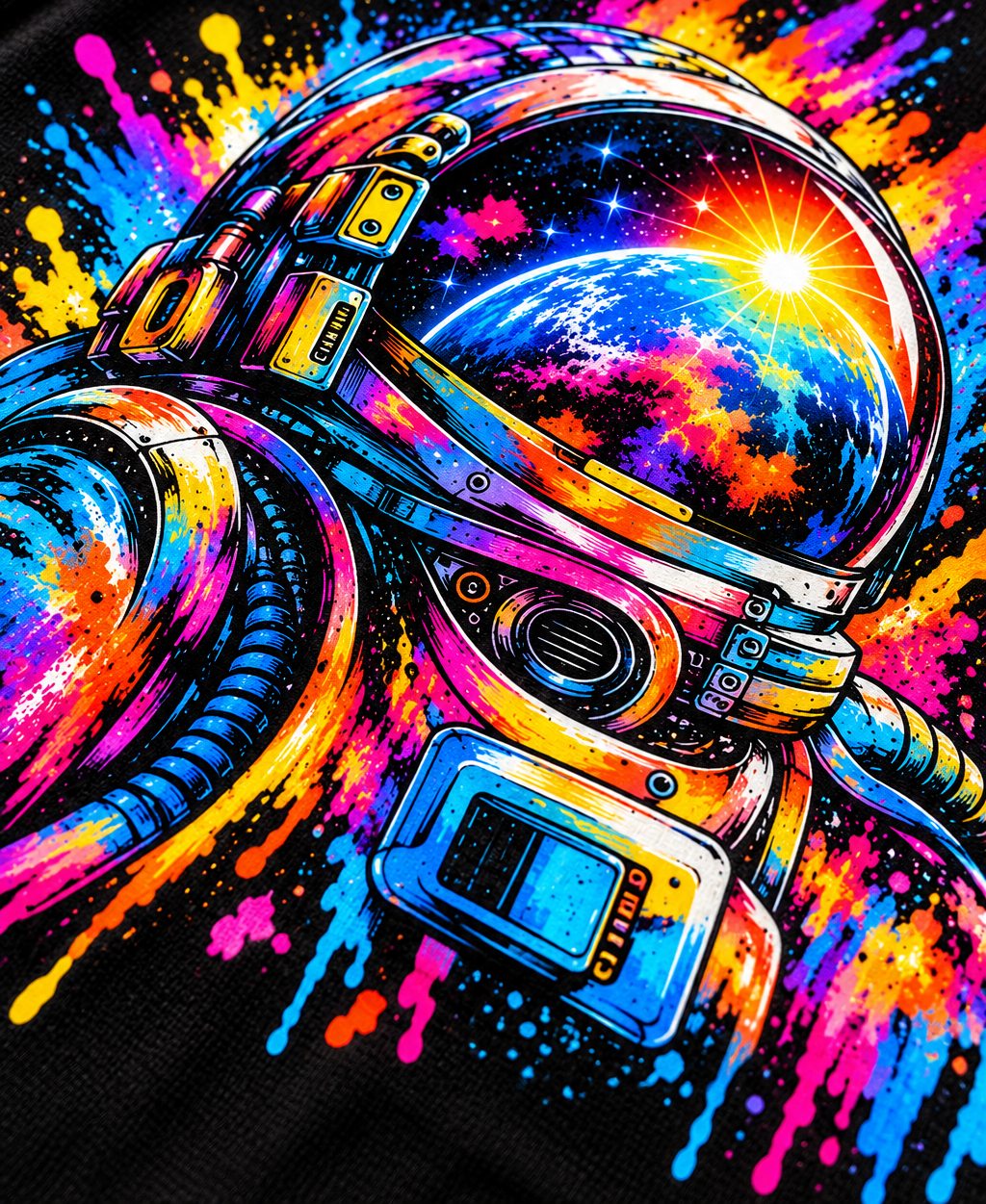 Artwork printed with INKora Chroma DTF ink: vivid, saturated colors on a black shirt