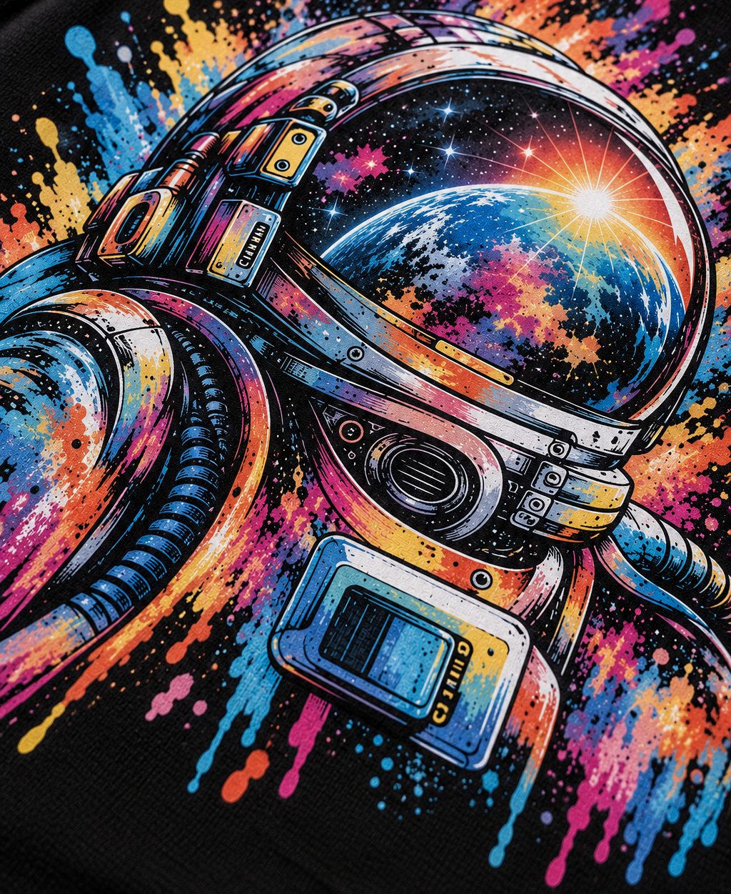 The same artwork printed with Standard DTF ink: softer, less saturated colors on a black shirt