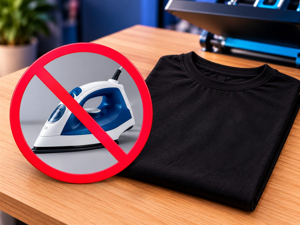 No pre-press or pre-iron needed: no iron symbol next to a folded black t-shirt