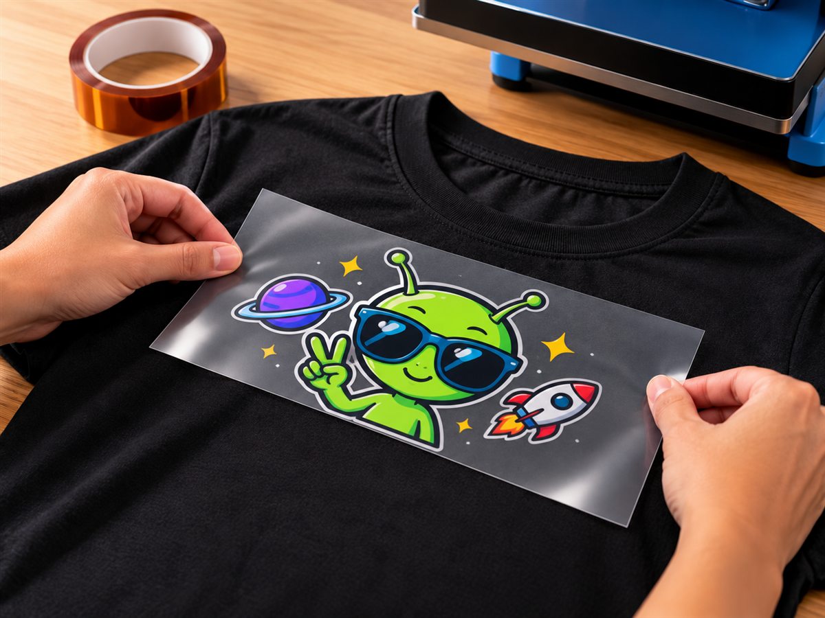 Placing a DTF transfer film flat on a black t-shirt, with heat-resistant tape nearby
