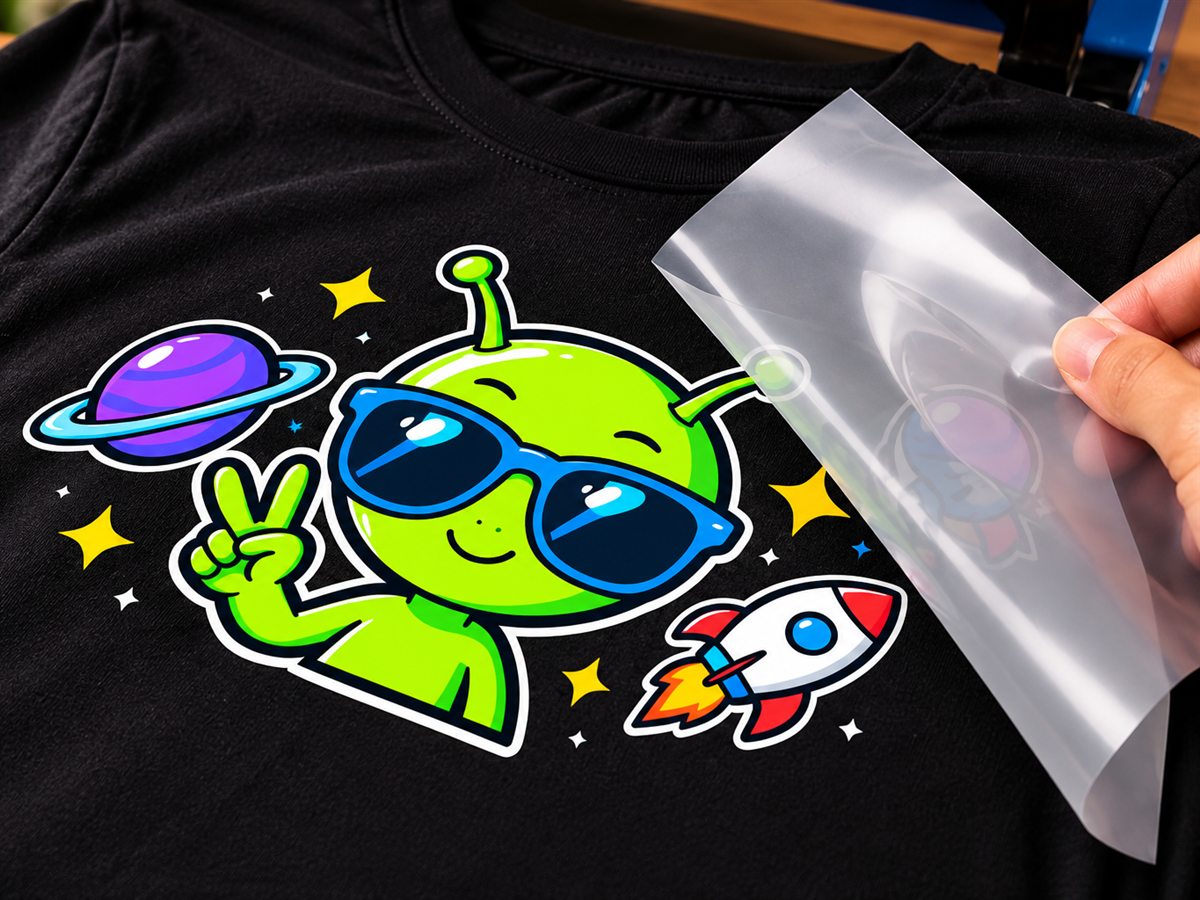 Peeling the transfer film off a black t-shirt to reveal a vibrant printed design