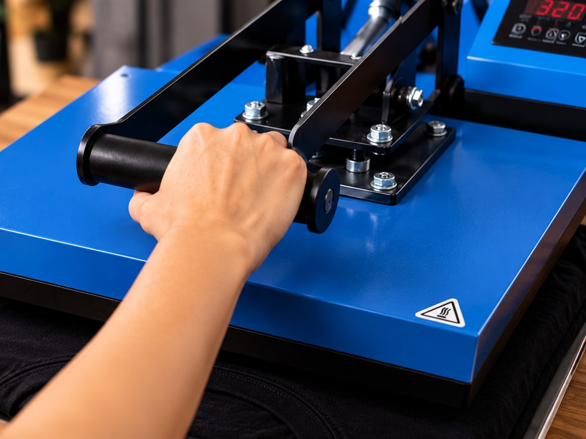 Closing a heat press set to 320 degrees on a black t-shirt