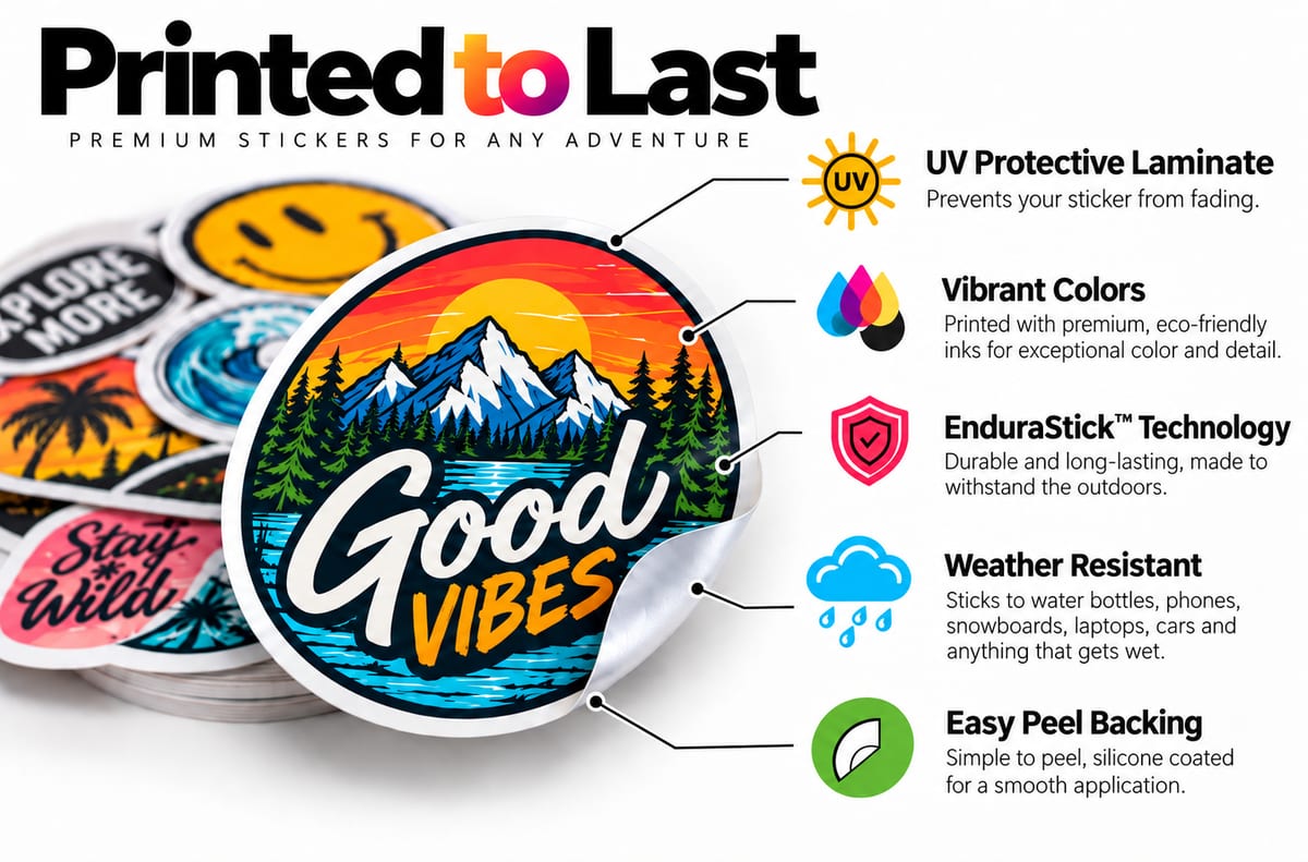 Printed to Last — UV protective laminate, vibrant colors, EnduraStick technology, weatherproof, easy peel backing