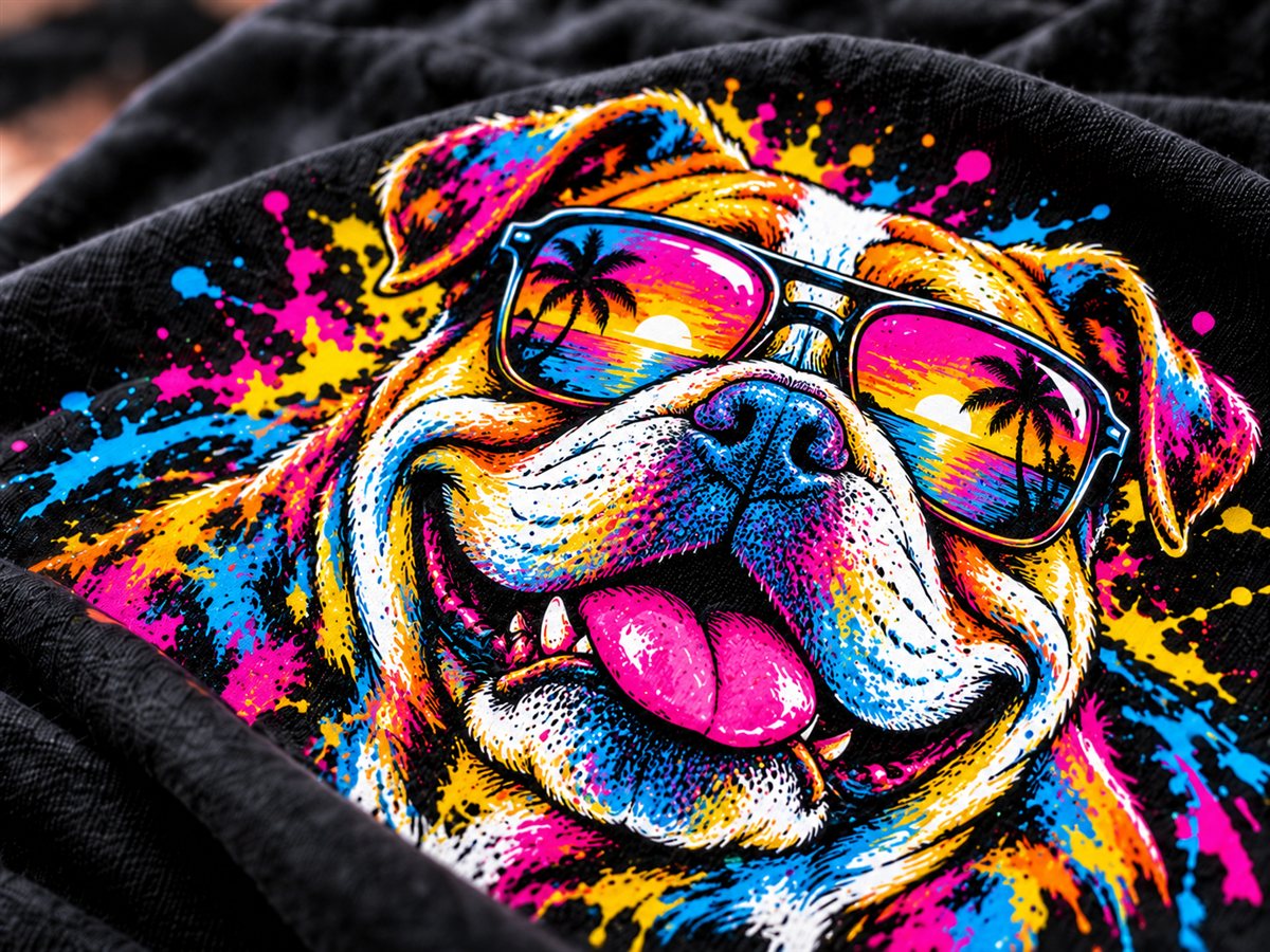 A bulldog in sunglasses printed in vivid full-color DTF on a black t-shirt